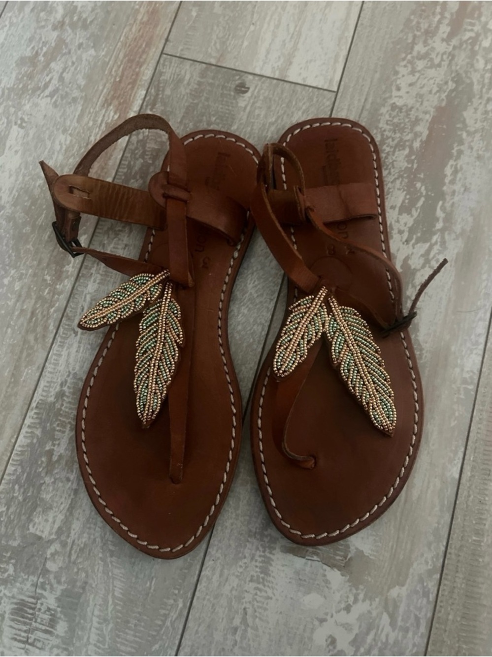 Laidback London hand Beaded Leaf Brown Leather T-Strap Sandals size 38